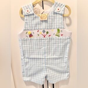 TBBC Birthday Blue Gingham Baby Romper with Embroidery